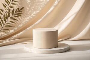 Beige product display platform with draped fabric photo