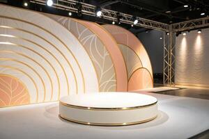 Elegant round display platform with arch backdrop photo