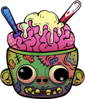 Ice cream zombie open head and skull showing the brain with spoon Halloween vibe comic cartoon whimsical character illustration png