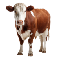 Hereford cow stands elegantly against a transparent background, showcasing its unique features and vibrant coat png
