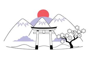 Japanese landscape with tori gate and mountains vector