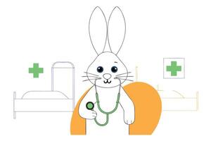A cartoon rabbit with a stethoscope and a bed vector