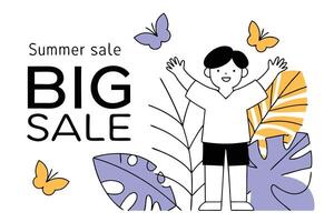 Summertime design featuring a boy surrounded by tropical leaves and butterflies vector