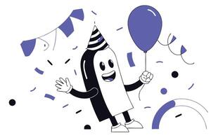A cartoon character holding a balloon and wearing a party hat vector