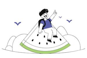 Cheerful illustration of a young boy with a blue backpack enjoying a ride on a playground glider vector
