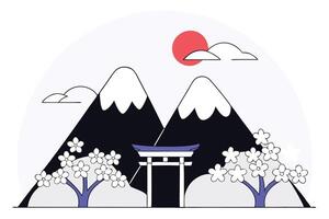 Japan landscape with mountains and a gate vector