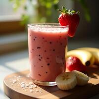 Strawberry Banana Smoothie with Fresh Fruit and Wooden Board photo
