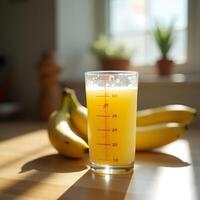 Pouring Juice Into Measuring Glass with Bananas on Table photo