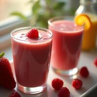 Fruit Smoothie Glasses with Raspberry and Strawberry photo