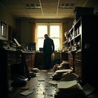 Man Standing in Office with Paper Clutter Looking Out Window photo