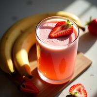 Strawberry Banana Smoothie in Glass with Fresh Fruit Topping photo