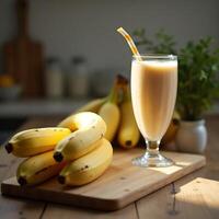 Preparing Banana Smoothie with Fresh Fruit on Wooden Board photo