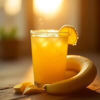 Enjoying Refreshing Fruit Juice with Banana and Lemon Slice photo