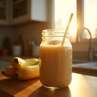 Preparing Banana Smoothie at Home in Glass Jar with Straw photo