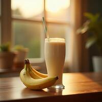 Banana Smoothie on Table with Sunlight Streaming Through Window photo