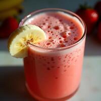Making Smoothie with Fresh Strawberries and Bananas in Glass photo