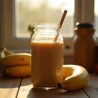 Preparing Banana Smoothie at Home in Jar with Straw photo