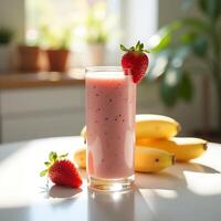 Strawberry Banana Smoothie with Fresh Fruit on White Table photo
