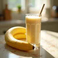 Banana Smoothie with Straw and Fresh Bananas in Kitchen photo