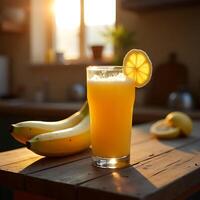 Preparing Fresh Smoothie with Banana and Lemon on Wooden Table photo