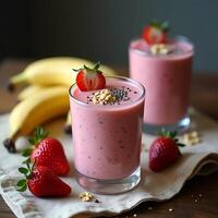 Strawberry Banana Smoothie Served in Glass with Fresh Fruits photo