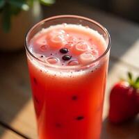 Refreshing Strawberry Drink with Ice in Glass Summer Beverage photo