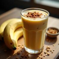 Banana Smoothie with Toppings Served in Glass on Table photo
