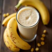 Making Banana Smoothie Recipe with Fresh Fruit on Wooden Table photo