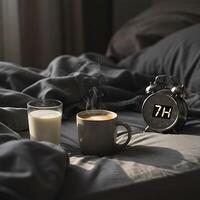 Coffee and Milk on Bed with Alarm Clock Showing Seven Am photo