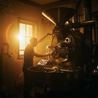Man Operating Industrial Roasting Machine with Golden Light photo