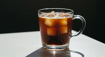 Refreshing Cold Brew Coffee with Ice in a Glass Mug on White Table photo
