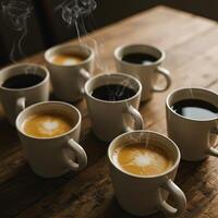 Steaming Coffee Mugs on Wooden Table Different Brews photo