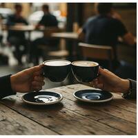 Toasting Coffee Cups Together in Cafe on Wooden Table photo