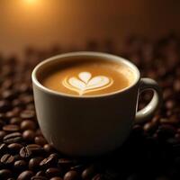Serving Latte with Heart Art Surrounded by Coffee Beans photo