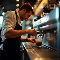 Man Preparing Espresso with Professional Machine at Cafe photo