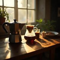 Preparing Coffee at Home with Sunlight Streaming Through Window photo