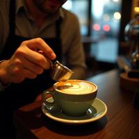 Making Coffee Latte Art Pouring Cream Into Espresso photo