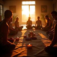 Group Meditating at Sunset with Candles for Relaxation photo