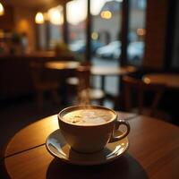 Steaming Latte Art in Cafe Setting Morning Light photo
