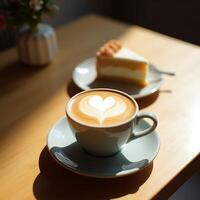 Latte Art and Cake in Cafe Setting with Warm Sunlight photo