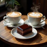 Enjoying Coffee with Chocolate Cake on a Wooden Table photo