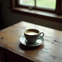 Cup of Coffee Resting on Rustic Wooden Table by Window photo