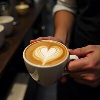 Holding Coffee Cup with Heart Latte Art Close Up photo