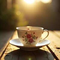 Elegant Tea Cup with Floral Design on Wooden Table in Sunlight photo