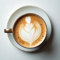 Latte Art Coffee in Cup with Floral Design on Saucer From Above photo