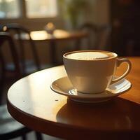 Cup of Coffee with Foam on Wooden Table in Cafe photo