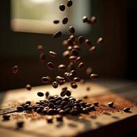Coffee Beans Falling Onto Wooden Surface in Soft Light photo