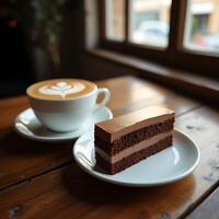 Enjoying Coffee with Latte Art and Chocolate Cake Slice on a Wooden Table photo