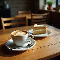 Enjoying Latte with Cake Slice on Wooden Table in Cafe photo