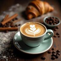 Coffee with Latte Art and Croissant Still Life photo
